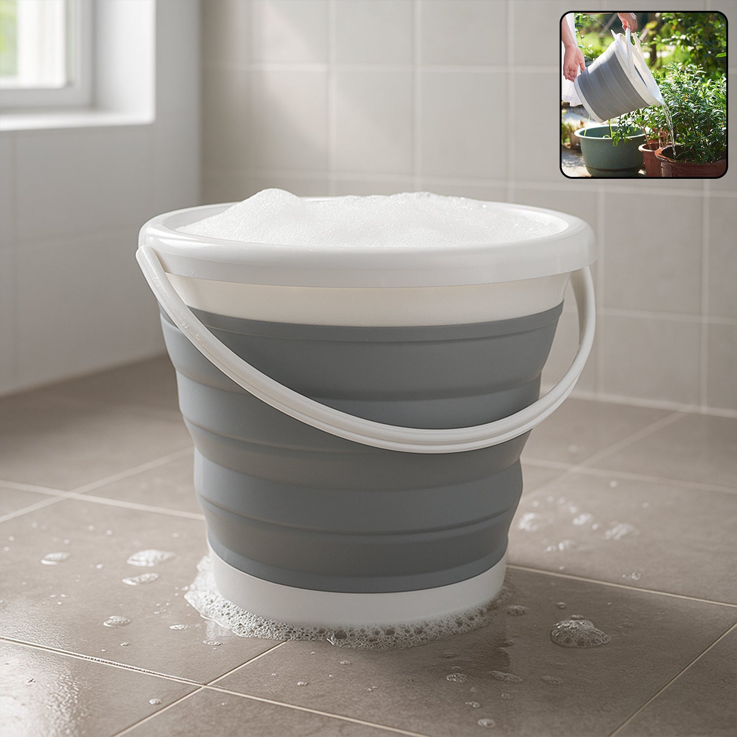 FoldingBucket-WOSKU-01.jpg Collapsible Folding Bucket for Cleaning, Car Wash & Travel (1 Pc / 23x16 Cm) - Front View by Nari Haat, Indian ethnic...