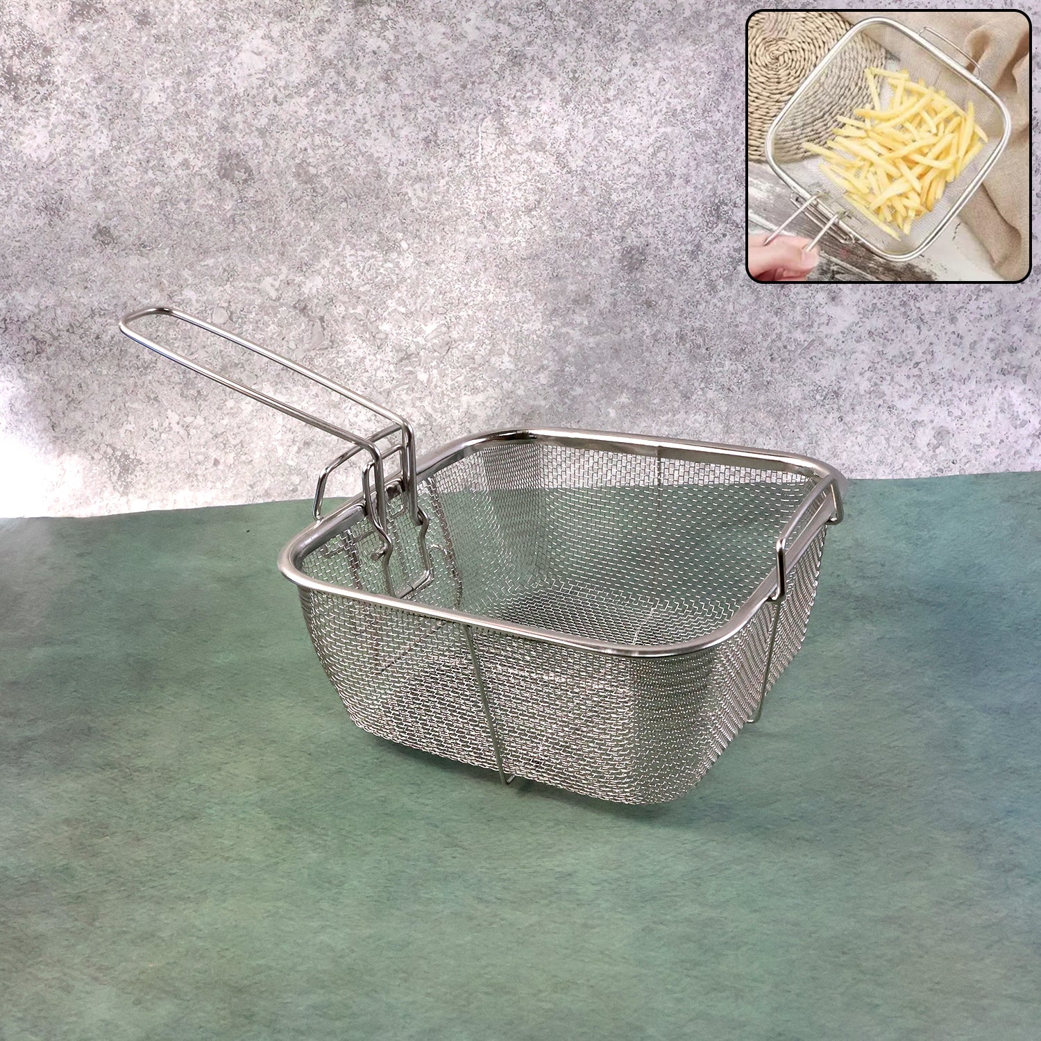 FryingBaske-WOSKU-01.jpg Stainless Steel Deep Fryer Basket with Long Handle (1 Pc) - Front View by Nari Haat, Indian ethnic wear, women clothi...
