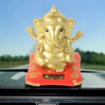 Decorative Religious Large Lord Ganesha Idol with Solar-Powered Base (1 Pc) - Closeup Embroidery by Nari Haat, Indian...