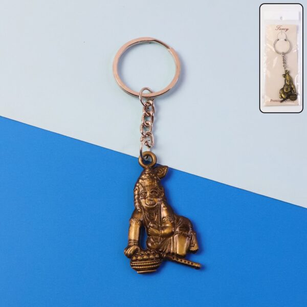 Premium Antique-Gold Metal Bal Krishna Makhan Chor Keychain (1 Pc) - Front View by Nari Haat, Indian ethnic wear, wom...