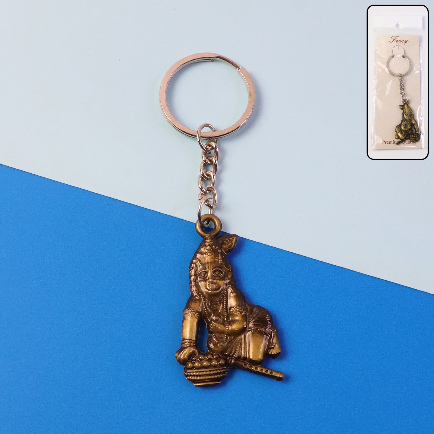 KanoKeychain2-WOSKU-01_666e4c8d-9ccb-4d38-8304-a6522a89b02d.jpg Premium Antique-Gold Metal Bal Krishna Makhan Chor Keychain (1 Pc) - Front View by Nari Haat, Indian ethnic wear, wom...