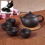 Premium Black Clay / Ceramic Tea Set with Teapot & 4 Cups - Neckline Detail by Nari Haat, Indian ethnic wear, women c...
