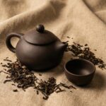 Premium Black Clay / Ceramic Tea Set with Teapot & 4 Cups - Fabric Detail by Nari Haat, Indian ethnic wear, women clo...