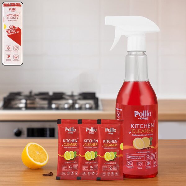 Pollic kadam Concentrated Kitchen Surface Cleaner Refill Kit with Spray Bottle - Front View by Nari Haat, Indian ethn...
