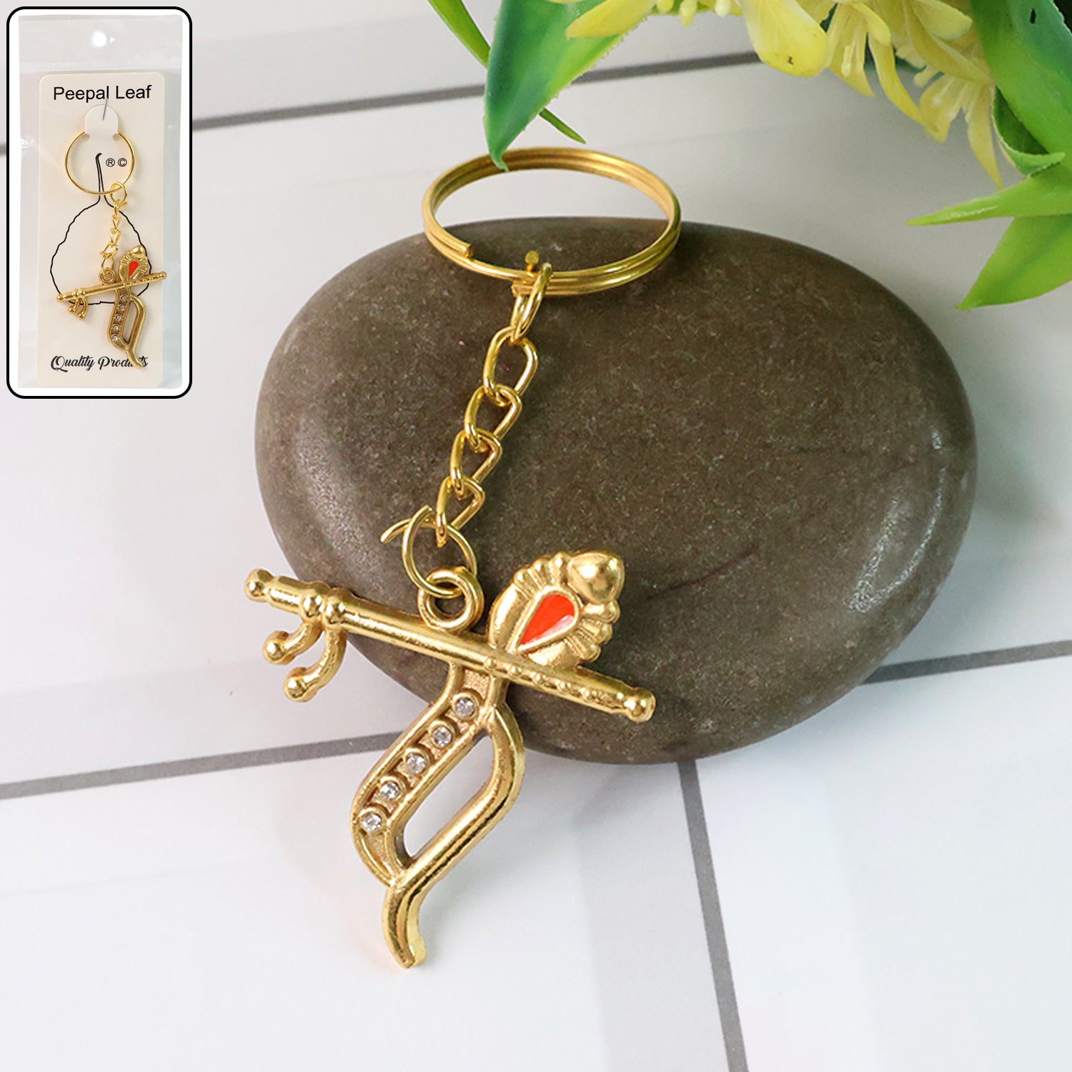 Krishna-Keychain-01.jpg Flute and Peacock Feather Krishna Design Keychain (1 Pc) - Front View by Nari Haat, Indian ethnic wear, women clothin...