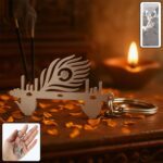 Krishna Flute & Peacock Feather Metal Keychain - (1 Pc) - Front View by Nari Haat, Indian ethnic wear, women clothing...