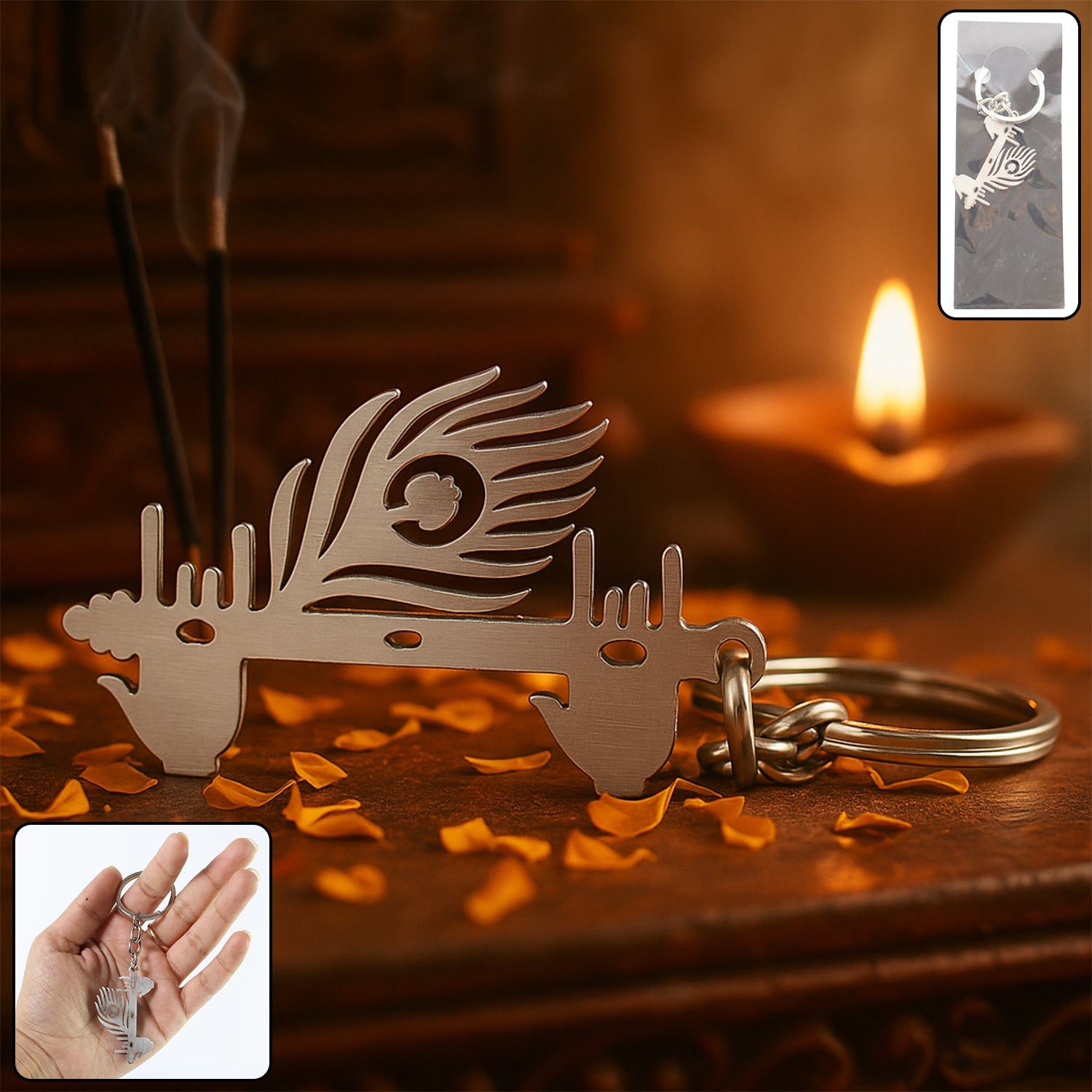 KrishnaKeychain-WOSKU-01.jpg Krishna Flute & Peacock Feather Metal Keychain - (1 Pc) - Front View by Nari Haat, Indian ethnic wear, women clothing...