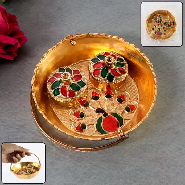 Peacock Meenakari Pooja tray - (1 Pc) - Front View by Nari Haat, Indian ethnic wear, women clothing, designer suit