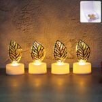 Decorative Golden Leaf Shaped Flameless LED Candles (4 Pc) - Front View by Nari Haat, Indian ethnic wear, women cloth...