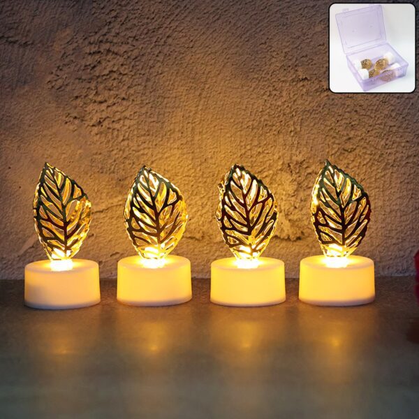 Decorative Golden Leaf Shaped Flameless LED Candles (4 Pc) - Front View by Nari Haat, Indian ethnic wear, women cloth...