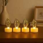 Decorative Golden Leaf Shaped Flameless LED Candles (4 Pc) - Closeup Embroidery by Nari Haat, Indian ethnic wear, wom...