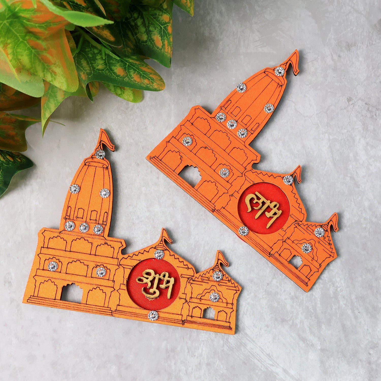 Labh-subh-02_c551403a-8e5c-4183-a3eb-c952527a0fac.jpg Shubh Labh Ram Temple / Mandir Design Decorative Wall Sticker (2 Pc) - Front View by Nari Haat, Indian ethnic wear, w...