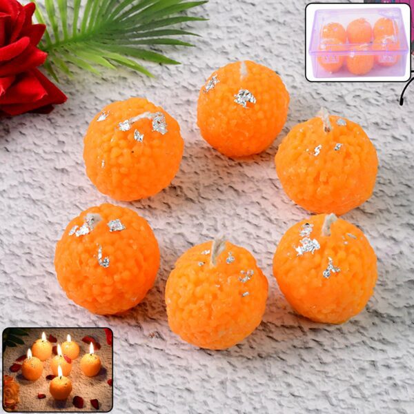 Set of 6 Laddu-Shaped Wax Candles with Silver Leaf Decoration - Front View by Nari Haat, Indian ethnic wear, women cl...