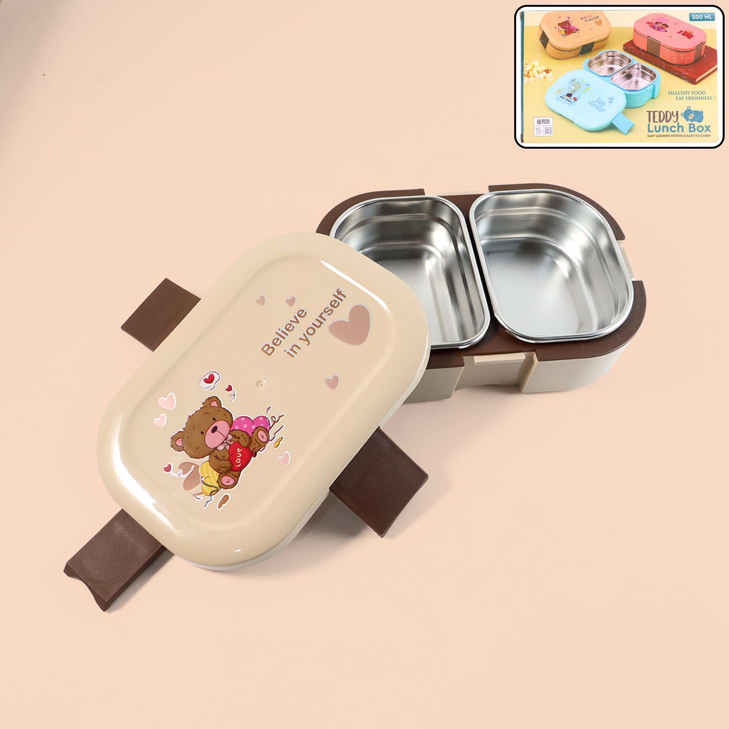 Lunch-Box-01_62ddc6f2-aebf-4abf-b60d-b0192cc47424.jpg Cute Teddy Printed Kids Lunch Box (500Ml / 1 Pc) - Front View by Nari Haat, Indian ethnic wear, women clothing, desig...