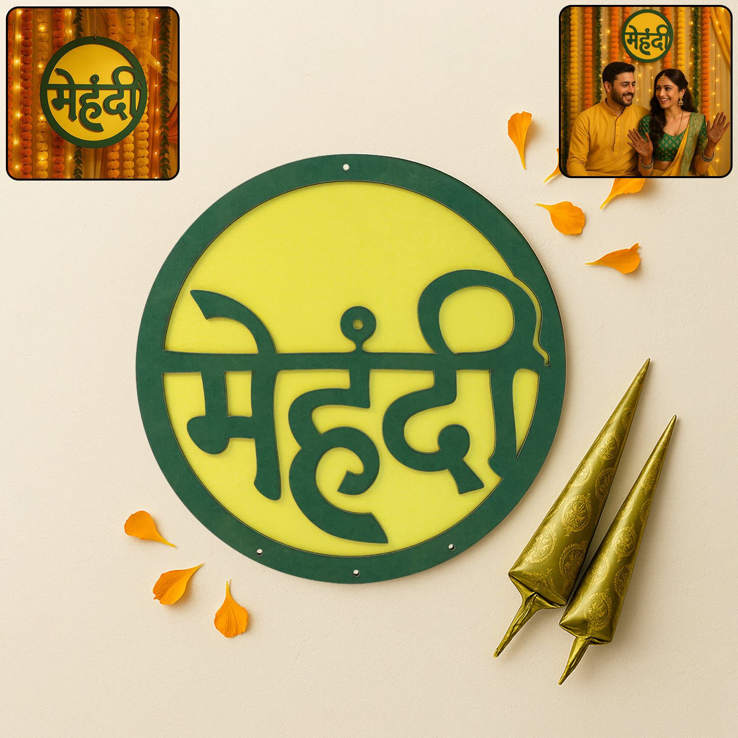 Mehndi-wall-Decoration-01.jpg Mehndi Ceremony Wall Hanging / Backdrop Sign Name Plate (1 Pc) - Front View by Nari Haat, Indian ethnic wear, women c...