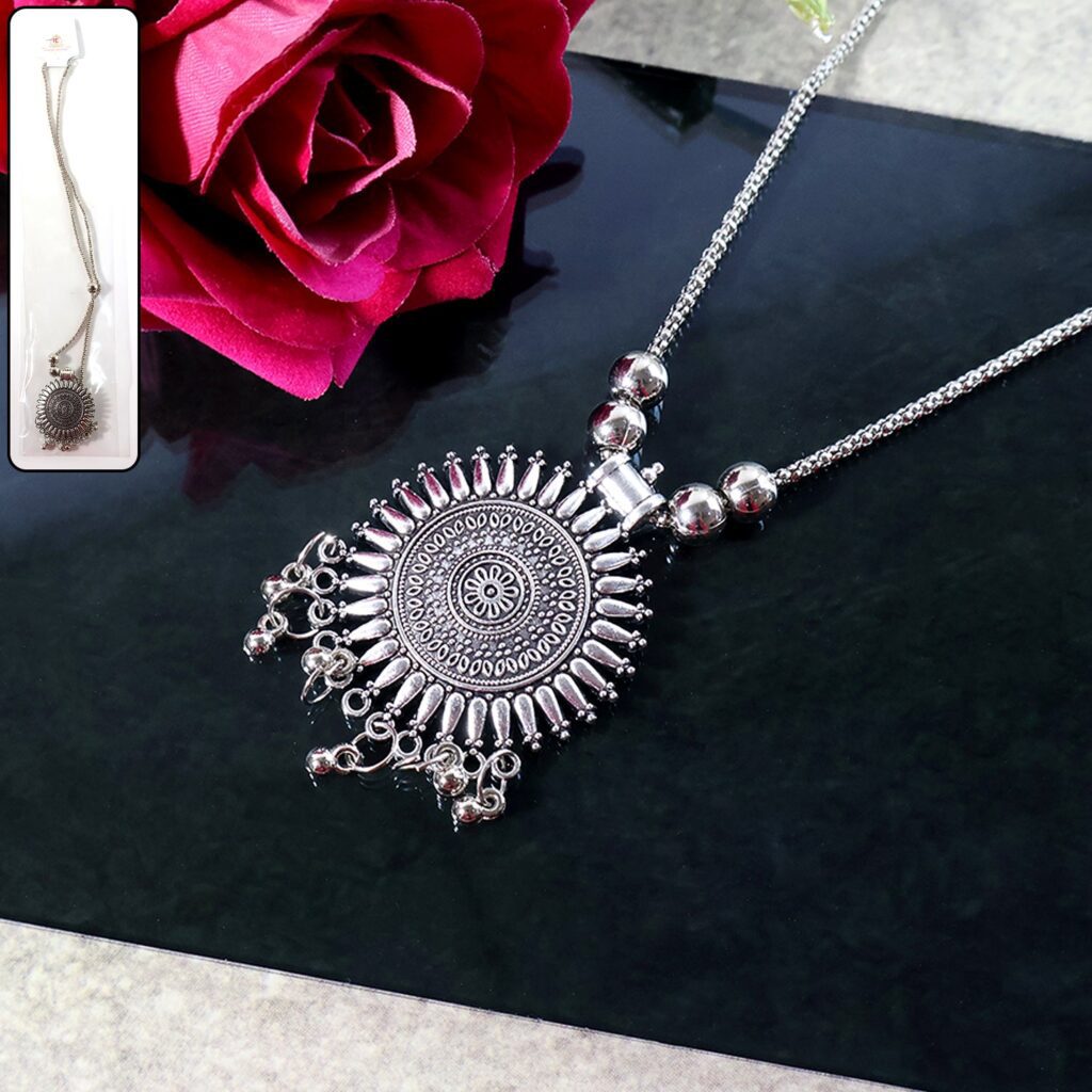Oxidised Silver Traditional Long Necklace (1 Pc) - Front View by Nari Haat, Indian ethnic wear, women clothing, desig...