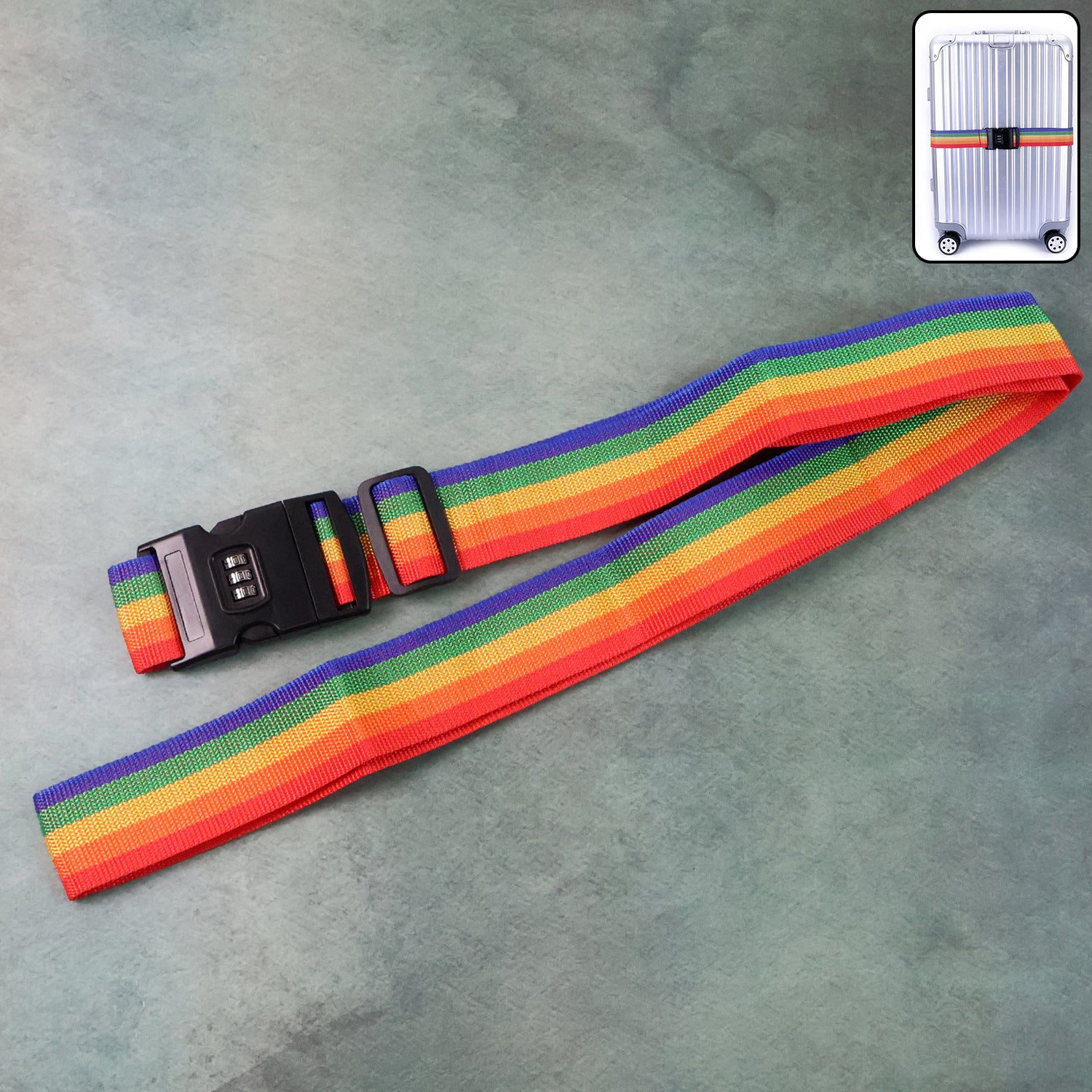 RainbowStrap-WOSKU-01.jpg Heavy-Duty Rainbow Webbing with 3-Digit Code Lock - Front View by Nari Haat, Indian ethnic wear, women clothing, desi...