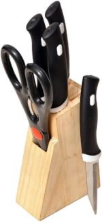 Kitchen Knife Set with Wooden Block and Scissors, Chhari (5 pcs, Black) - Sleeve Design by Nari Haat, Indian ethnic w...