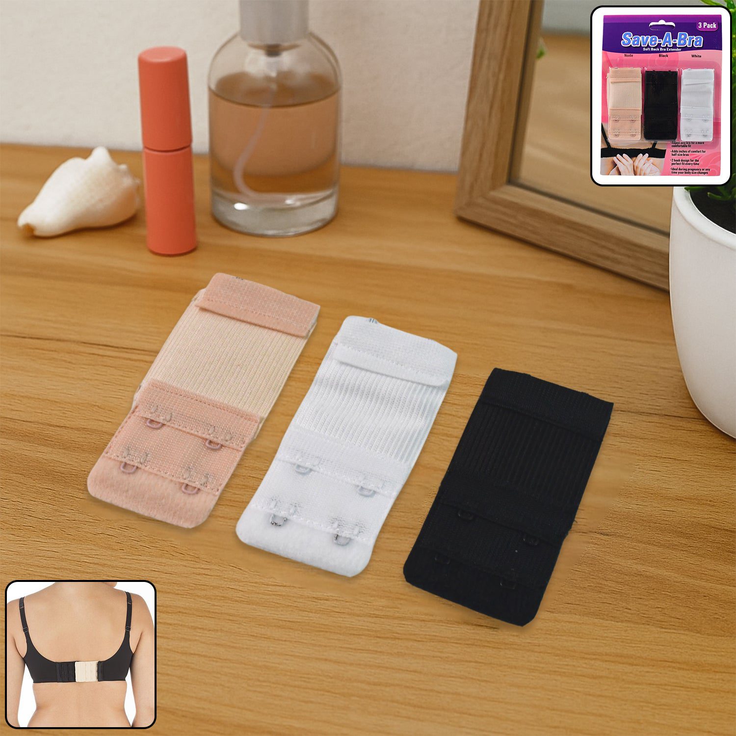 SaveABra-WOSKU-01.jpg Adjustable 3-Piece Bra Extender Set with 2-Hook - Front View by Nari Haat, Indian ethnic wear, women clothing, design...