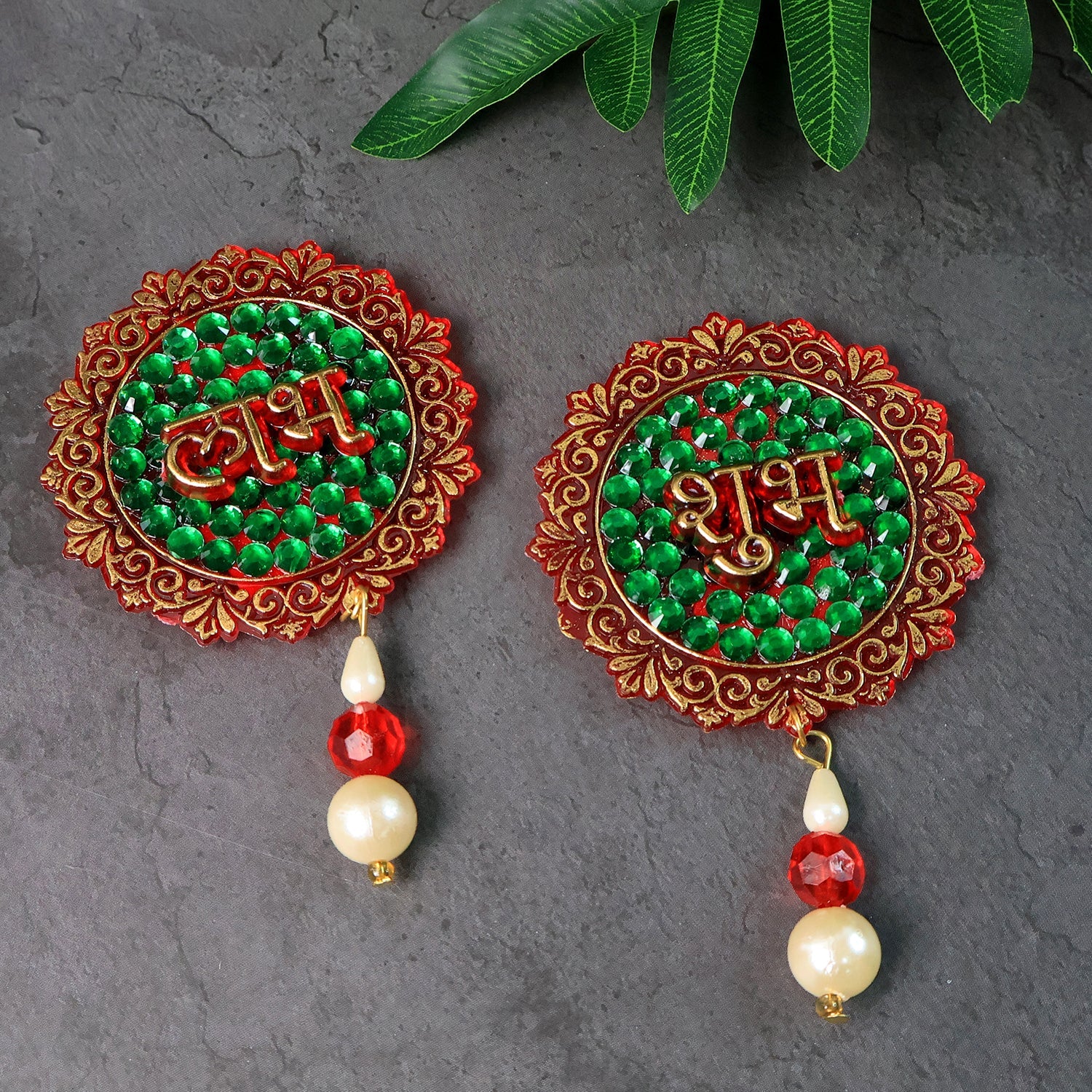 Shubh-Labh-01_edbdadcc-fe2e-47ad-bba3-236c3715d1dd.jpg Shubh Labh Beaded Decorative Door Hanging (2 Pc) - Front View by Nari Haat, Indian ethnic wear, women clothing, desig...