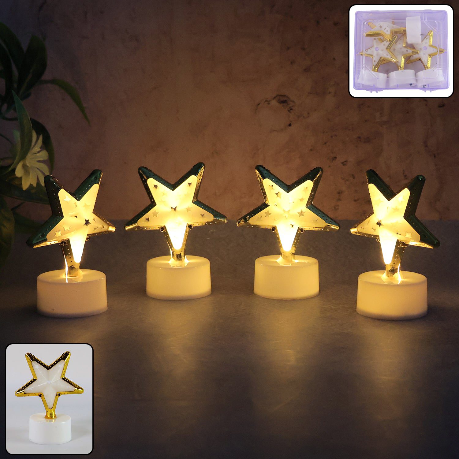 StarLight-WOSKU-01.jpg Decorative Star Shaped Flameless LED Candles (4 Pc) - Front View by Nari Haat, Indian ethnic wear, women clothing, de...