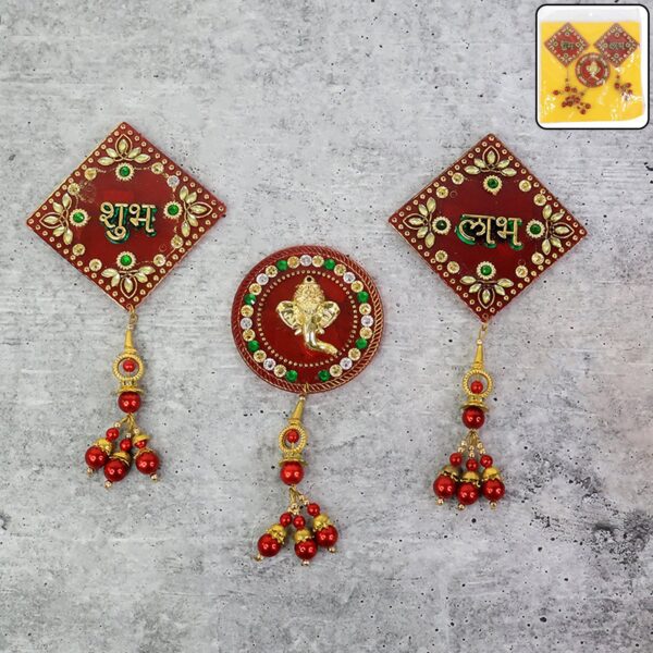 Decorative Wall Hanging Set with Shubh Labh and Ganesh Design (3 Pc) - Front View by Nari Haat, Indian ethnic wear, w...
