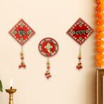 Decorative Wall Hanging Set with Shubh Labh and Ganesh Design (3 Pc) - Neckline Detail by Nari Haat, Indian ethnic we...