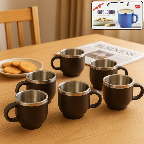 Apex Premium Double Wall Stainless Steel Cappuccino Mug Gift Set (6 Pc / 100 ML) - Front View by Nari Haat, Indian et...