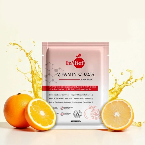 In’lief Vitamin C 0.5% Hydrating & Brightening Facial Sheet Mask (1 Pc) - Front View by Nari Haat, Indian ethnic we...