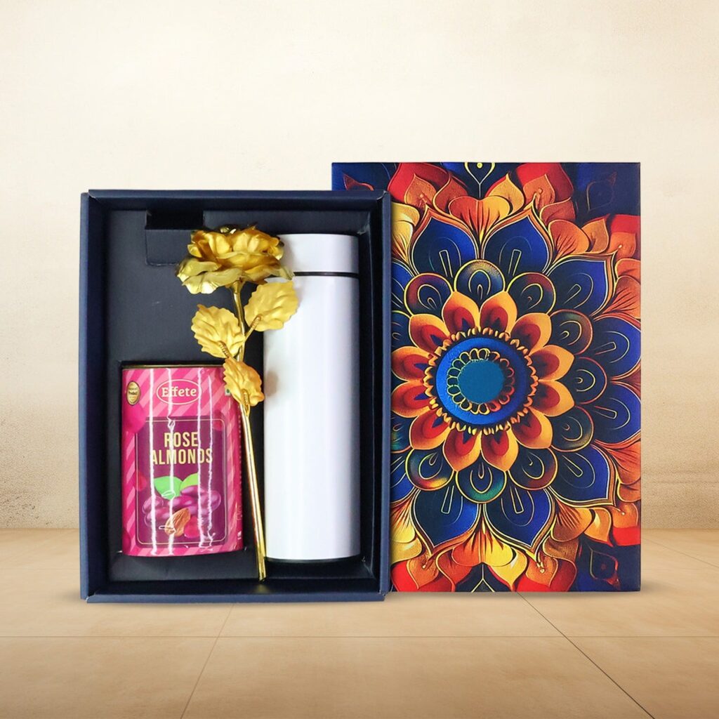 Effete Rose Almonds Gift Hamper, Golden Rose With Bottle (3 Pc Set), Mix Color - Front View by Nari Haat, Indian ethn...