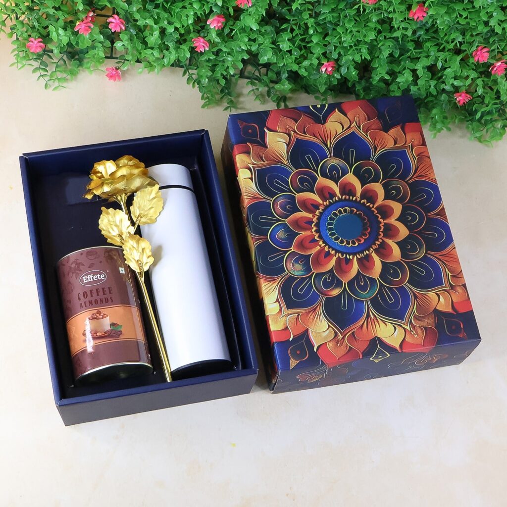 Effete Coffee Almonds Gift Hamper, Golden Rose With Bottle (3 Pc Set), Mix Color - Front View by Nari Haat, Indian et...