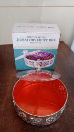 Multipurpose Dry Fruit Box 4 Section Dry Fruit Round Silver Gift Box (1 Pc) - Fabric Detail by Nari Haat, Indian ethn...