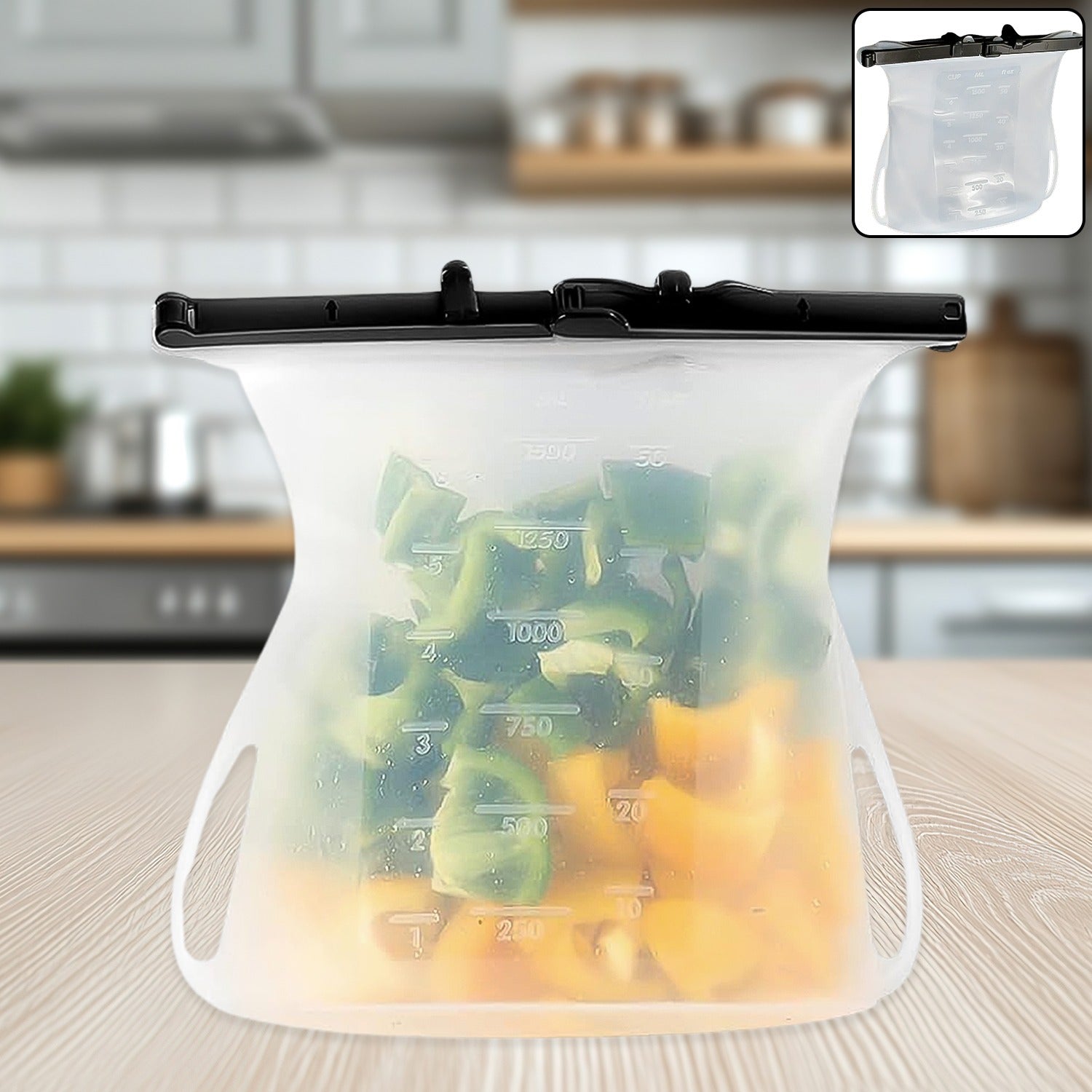 d25d5d39-c0ab-4356-bba7-5387fb1cf999.jpg Silicone Food Bag – Leakproof, Flat Bottom, BPA-Free, Microwave & Dishwasher Safe - Front View by Nari Haat, Indian...