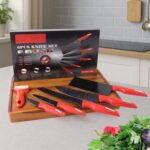 Kitchen Knife Set with Marble-Coated Blades & Red Handles (6 Pc) - Front View by Nari Haat, Indian ethnic wear, women...