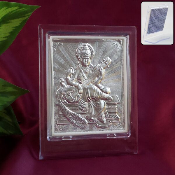 Elegant Silver Saraswati Maa Photo Frame with Stand (1 Pc) - Front View by Nari Haat, Indian ethnic wear, women cloth...