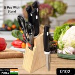 Kitchen Knife Set with Wooden Block and Scissors, Chhari (5 pcs, Black) - With Dupatta by Nari Haat, Indian ethnic we...