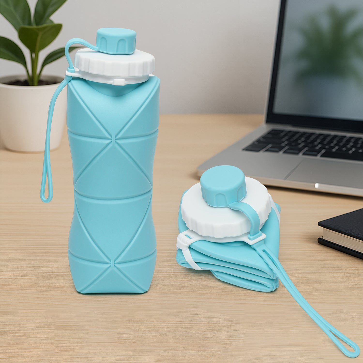 foldable-water-bottle-01.jpg 600ml Collapsible Silicone Water Bottle for Travel, Sports, Gym & Office (1 Pc) - Front View by Nari Haat, Indian eth...
