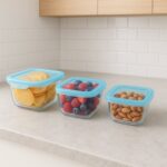 Premium Quality 3-Piece Square Glass Food Storage Container / Bowl Set - Closeup Embroidery by Nari Haat, Indian ethn...