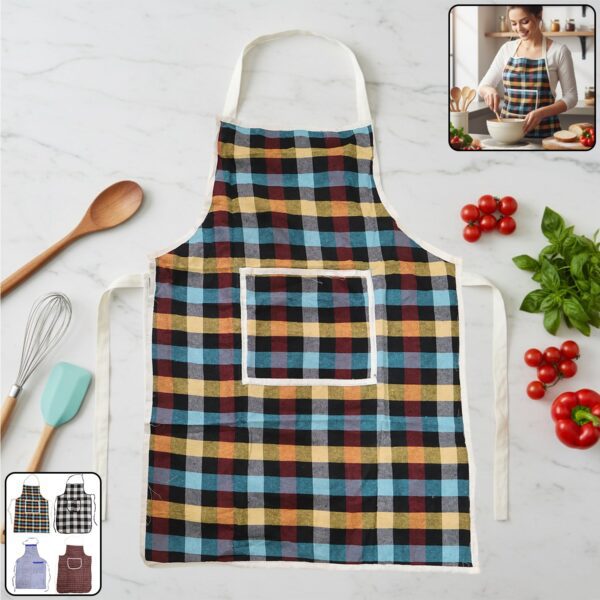 Cotton Checkered Kitchen Apron with Front Pocket (1 Pc) - Front View by Nari Haat, Indian ethnic wear, women clothing...