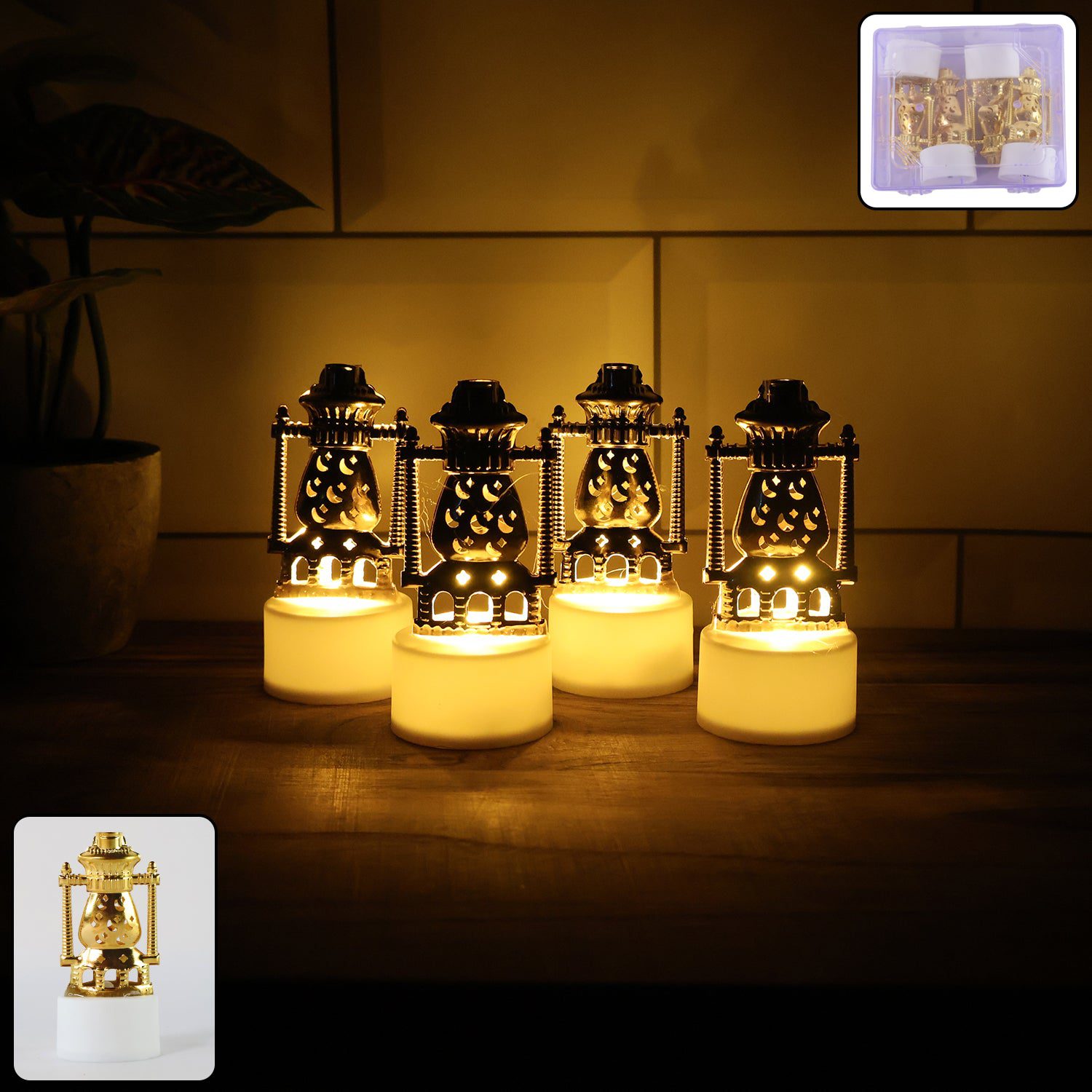 lanternLights-WOSKU-01.jpg Mini Lantern-Style Flameless LED Tealights - (4 Pc) - Front View by Nari Haat, Indian ethnic wear, women clothing, de...