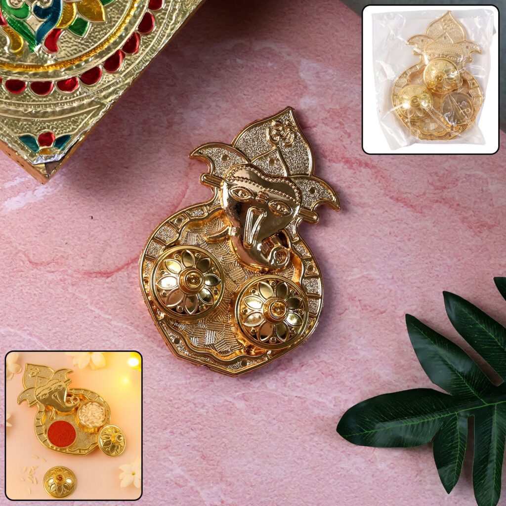 Traditional Golden Lord Ganesha Kumkum Dish  (1 Pc) - Front View by Nari Haat, Indian ethnic wear, women clothing, de...