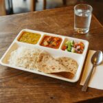 Plastic 4-Compartment Rectangular Meal Serving Tray / Plate (1 Pc / White) - Fabric Detail by Nari Haat, Indian ethni...