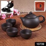 Premium Black Clay / Ceramic Tea Set with Teapot & 4 Cups - Front View by Nari Haat, Indian ethnic wear, women clothi...