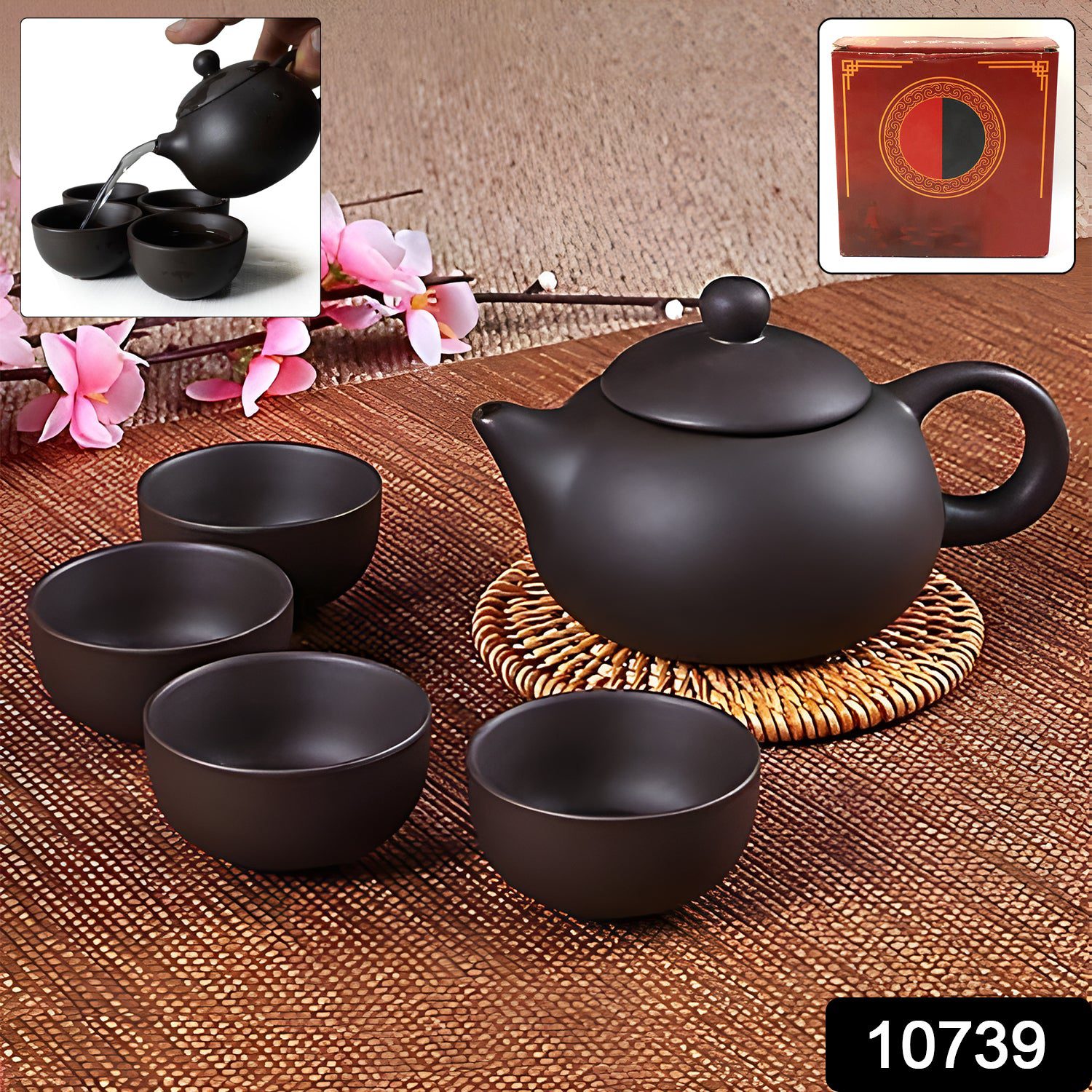 sku_77fab9f6-7a27-4265-b4f9-6d87c1586cc7.jpg Premium Black Clay / Ceramic Tea Set with Teapot & 4 Cups - Front View by Nari Haat, Indian ethnic wear, women clothi...