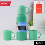 Green Vacuum Flask Set – Stainless Steel Thermos with 3 Cups, Approx 500ml - With Dupatta by Nari Haat, Indian ethn...