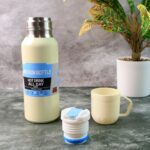 White Vacuum Flask Set – Stainless Steel Thermos with 3 Cups, Approx 500ml - Closeup Embroidery by Nari Haat, India...