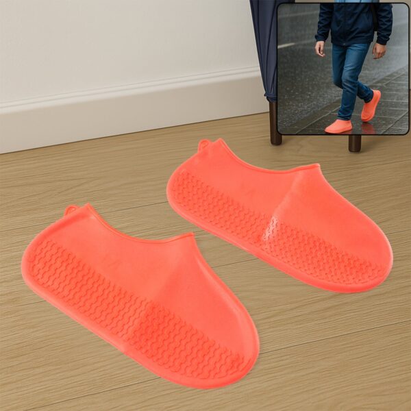 Orange Non-Slip Silicone Rain Reusable Anti skid Waterproof Fordable (1 Pair) - Front View by Nari Haat, Indian ethni...