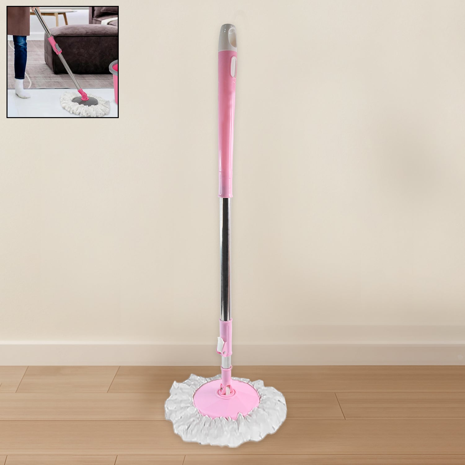01_b00b16e1-fe5f-47ae-ae7f-981b236bb87a.jpg Stainless Steel 360° Rotating Mop with Microfiber Head & Adjustable Rod - Front View by Nari Haat, Indian ethnic wea...