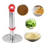 Silver stainless steel potato masher with plastic handle