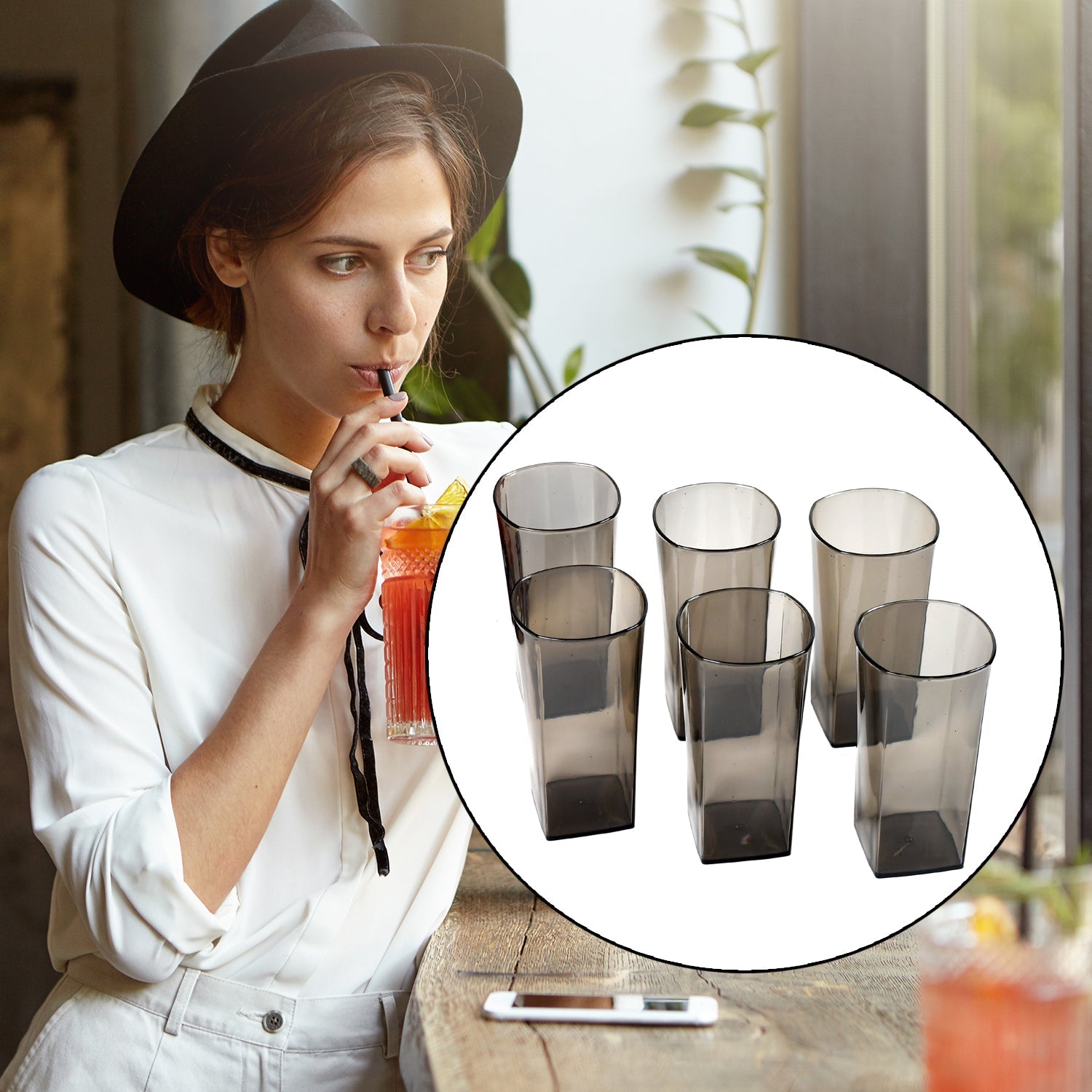 03_6bb0e53b-0875-4df5-8ade-28b1850476e0.jpg Unbreakable Transparent Square Design Wine Tumbler Plastic Glass Set Pack of 6 - Image 1